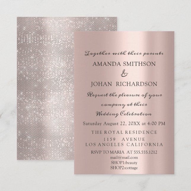 Invitación Rosa  Purpurina elegante Boda de oro único (Anverso / Reverso)