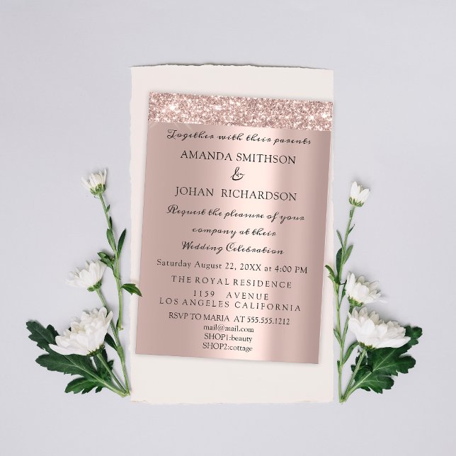 Invitación Rosa Purpurina espumoso Purpurina de Boda Elegante (Subido por el creador)