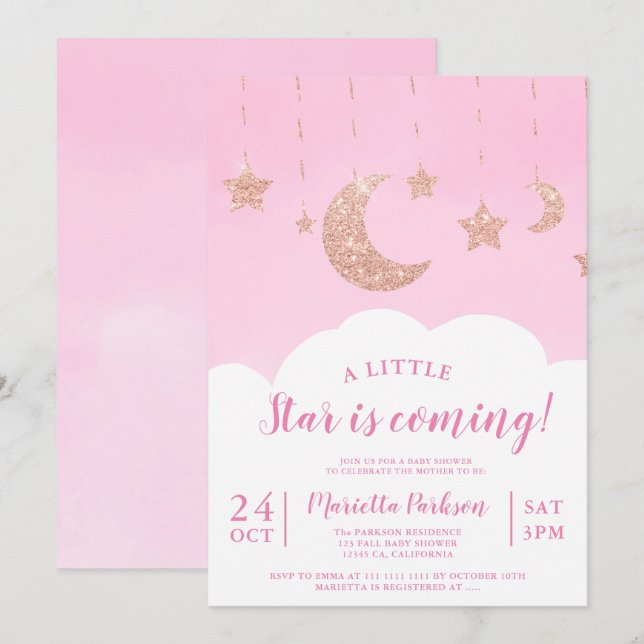 Invitación Rosa purpurina estrella luna nube rosa ducha bebé (Anverso / Reverso)