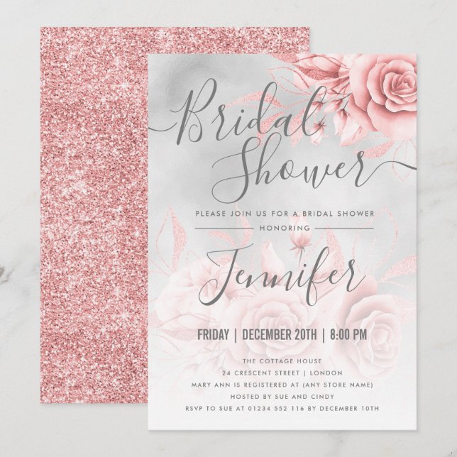Invitación Rosa Purpurina floral dorado  Bridal Shower (Anverso / Reverso)