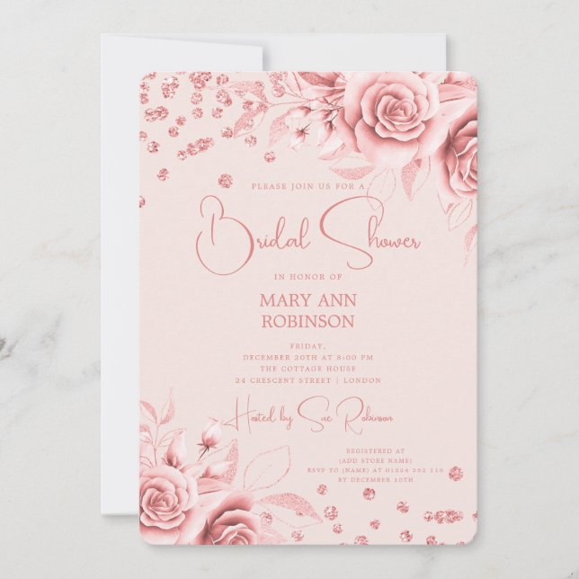 Invitación Rosa Purpurina floral dorado ducha de novia Rubor (Anverso)