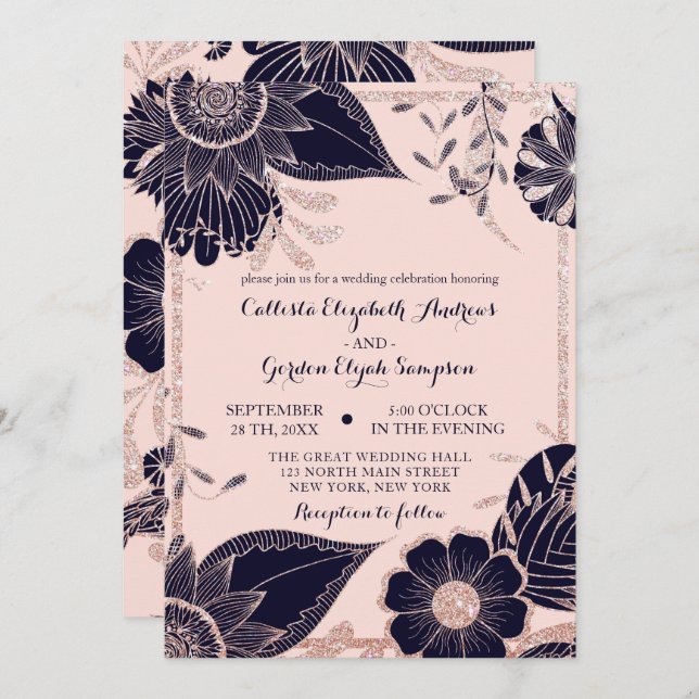 Invitación Rosa   Purpurina floral rosa Boda de frontera (Anverso / Reverso)