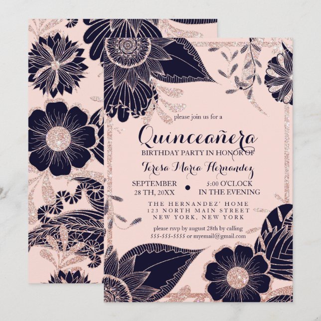 Invitación Rosa Purpurina floral rosa de la Marina de Oro Qui (Anverso / Reverso)