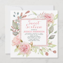 Invitación Rosa Purpurina Floral Rosa Dulce Dieciséis