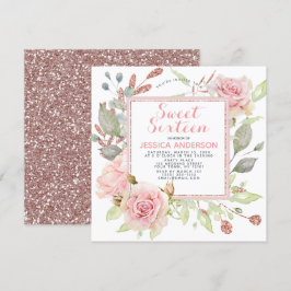 Invitación Rosa Purpurina Floral Rosa Dulce Dieciséis