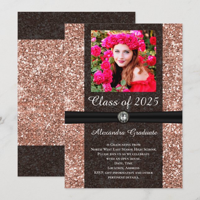 Invitación Rosa Purpurina Gem Photo Class of 2025 Graduation (Anverso / Reverso)