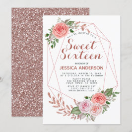 Invitación Rosa Purpurina Geométrico Rosa Dulce Dieciséis