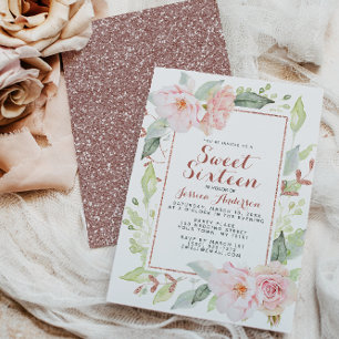 Invitación Rosa Purpurina Geométrico Rosado Dulce Dieciséis V