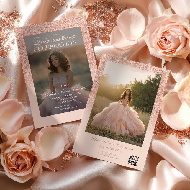 Invitación Rosa Purpurina Gold 2 fotos Quinceañera rubor Qr (Rose Gold Glitter 2 photos Qr blush Quinceañera Invitation)