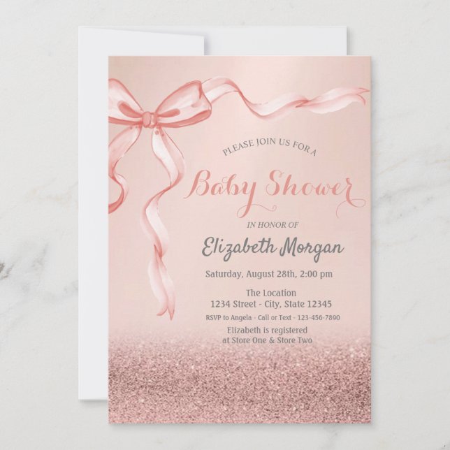 Invitación Rosa Purpurina Gold Bokeh, Bow Ribbon Baby Shower (Anverso)