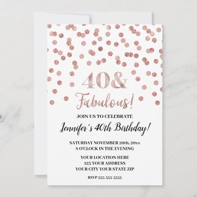 Invitación Rosa Purpurina Gold Confetti 40 y Fabuloso (Reverso)