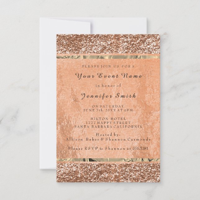 Invitación Rosa purpurina Gold Copper Metallic Rubor Bridal V (Anverso)
