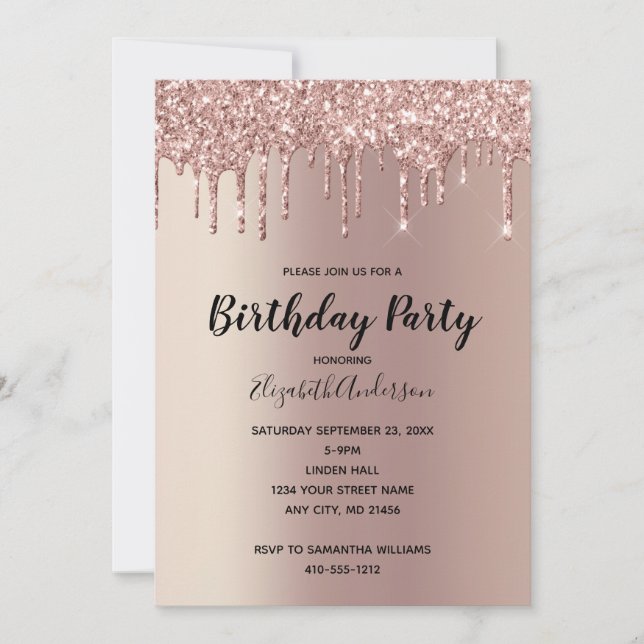 Invitación Rosa Purpurina Gold Drip Glam Trendy Cumpleaños (Anverso)