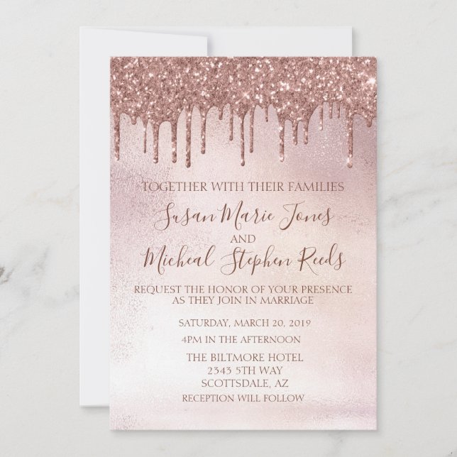 Invitación Rosa Purpurina Gold Drips Boda de caligrafía (Anverso)