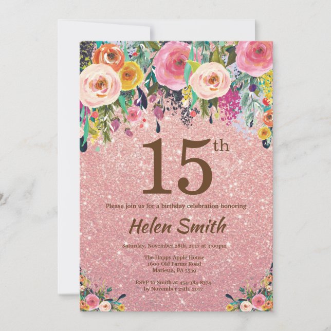 Invitación Rosa Purpurina Gold Floral Rosa 15 cumpleaños (Anverso)