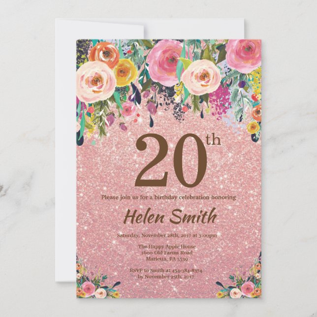 Invitación Rosa Purpurina Gold Floral Rosa 20 cumpleaños (Anverso)