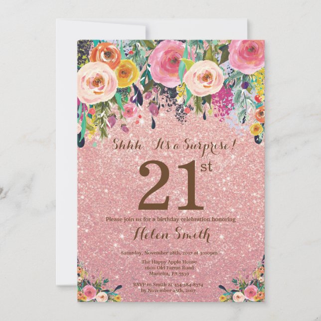 Invitación Rosa Purpurina Gold Sorpresa Floral 21 cumpleaños (Anverso)