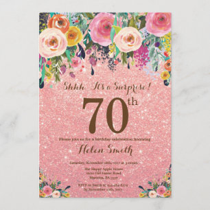 Invitación Rosa Purpurina Gold Sorpresa Floral 70 cumpleaños