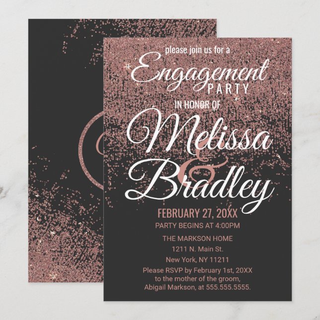 Invitación Rosa Purpurina Gold Sparkles Black Engagement (Anverso / Reverso)