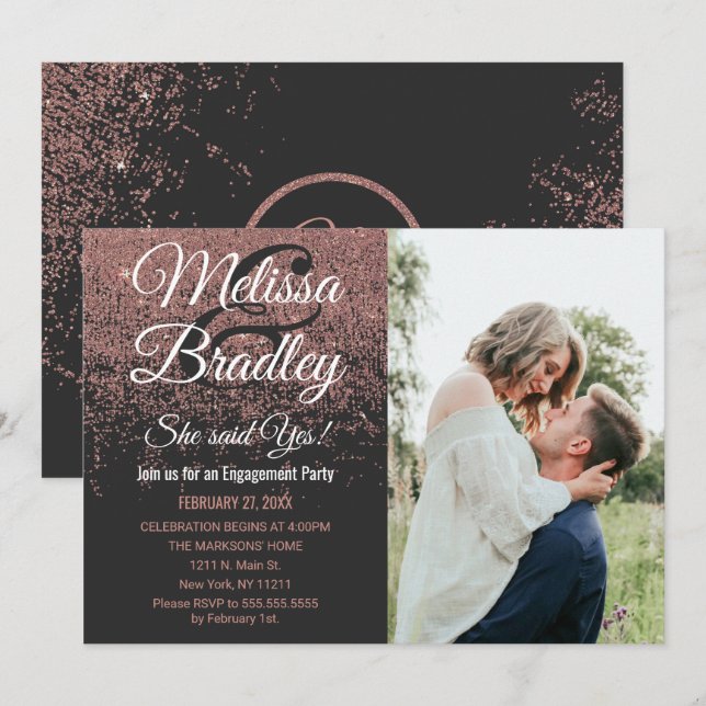 Invitación Rosa Purpurina Gold Sparkles Black Engagement (Anverso / Reverso)