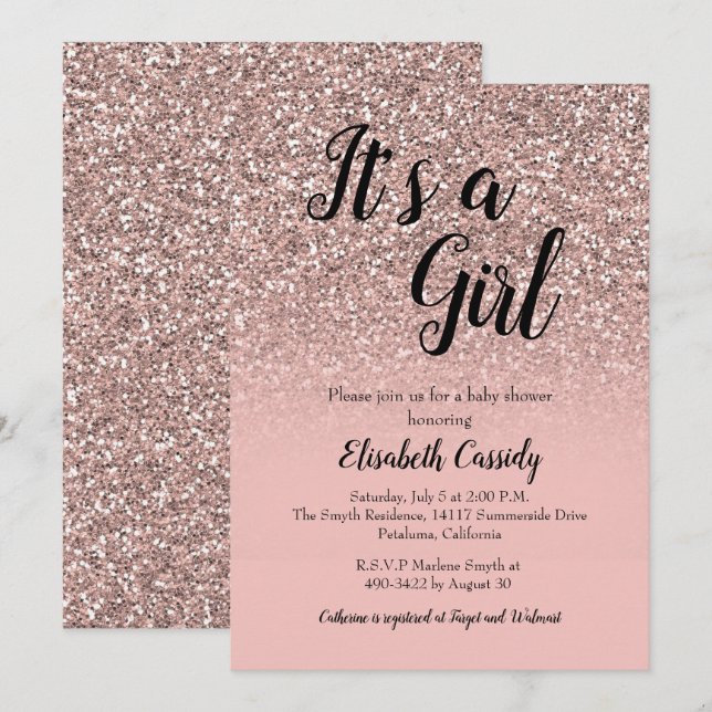 Invitación Rosa Purpurina Gold Sprinkle Baby Shower Invite (Anverso / Reverso)