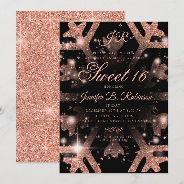 Invitación Rosa Purpurina Gold Sweet 16 cumpleaños (Anverso / Reverso)