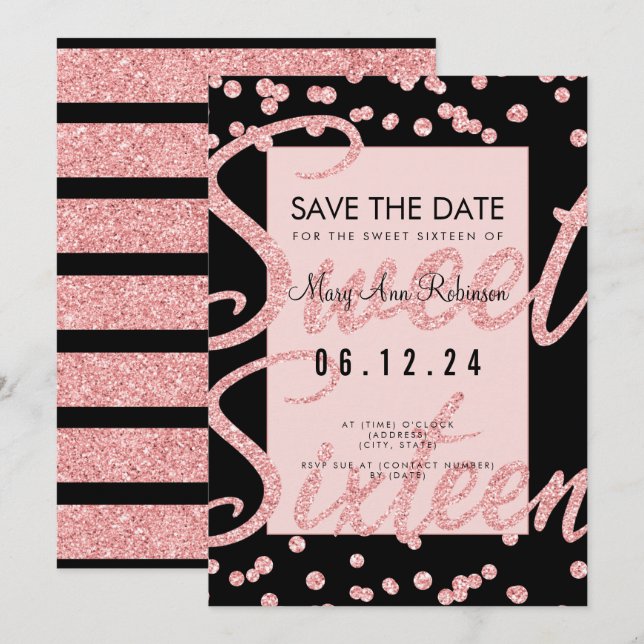 Invitación Rosa Purpurina Gold Sweet 16 Fiesta Guardar fecha  (Anverso / Reverso)