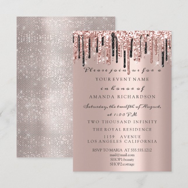 Invitación Rosa Purpurina humilde goteo Boda elegante Cumplea (Anverso / Reverso)