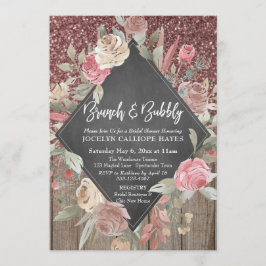 Invitación Rosa Purpurina Madera Floral Chalkboard Brunch Bub