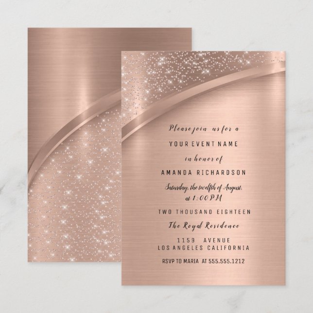 Invitación Rosa Purpurina Metálico de Oro Dulce de Novia 16 (Anverso / Reverso)