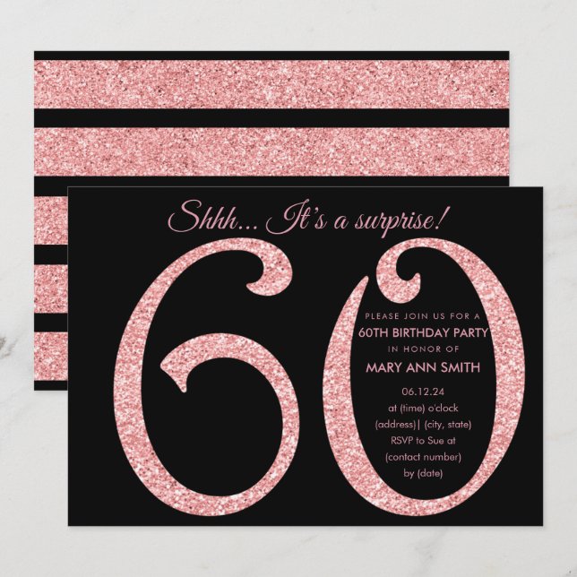 Invitación Rosa Purpurina negro dorado sorprende por 60 años (Anverso / Reverso)