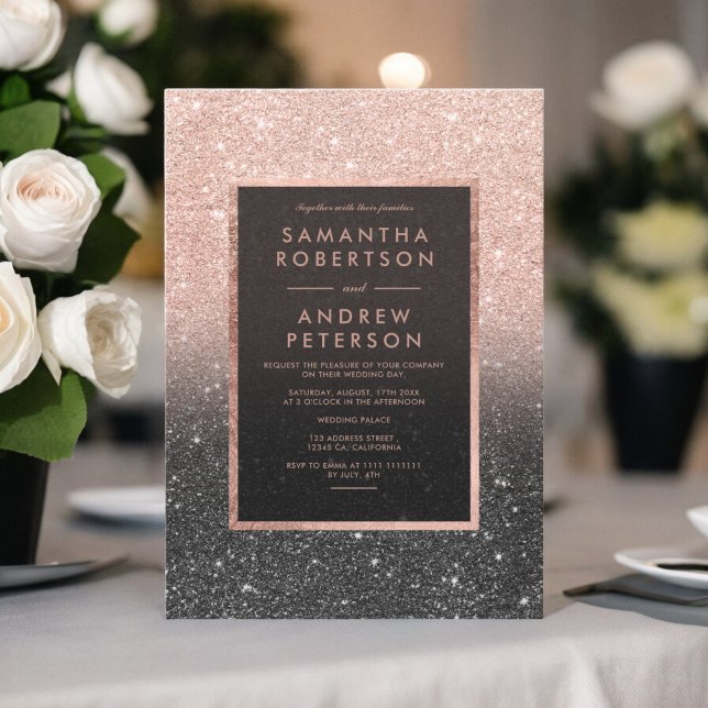 Invitación Rosa purpurina negro marco oscuro boda (Rose gold black glitter frame ombre wedding invitation)