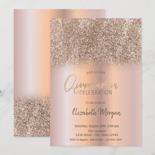 Invitación Rosa Purpurina Ombre Quinceañera (Anverso / Reverso)