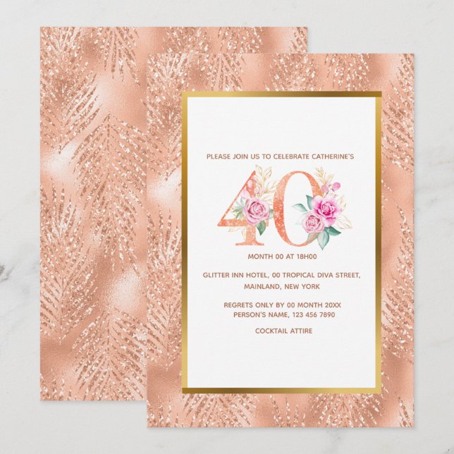 Invitación Rosa purpurina oro 40 cumpleaños confetti tropical (Anverso / Reverso)