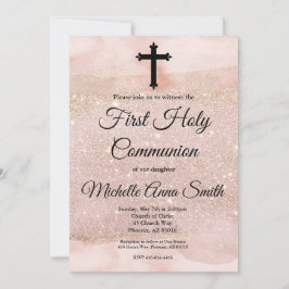 Invitación Rosa Purpurina Oro Chica Primera Santa Comunión