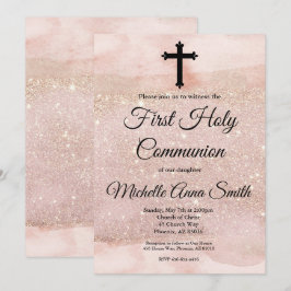 Invitación Rosa Purpurina Oro Chica Primera Santa Comunión