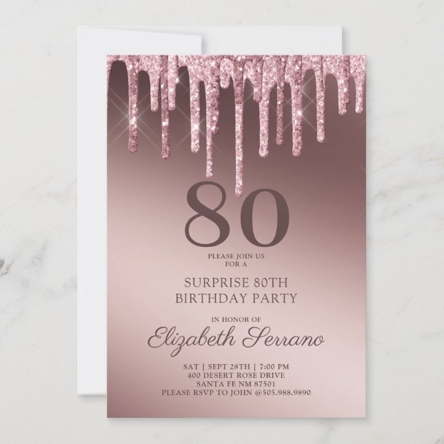 Invitación Rosa Purpurina Oro Drips 70th Birthday Surprise In (Anverso)