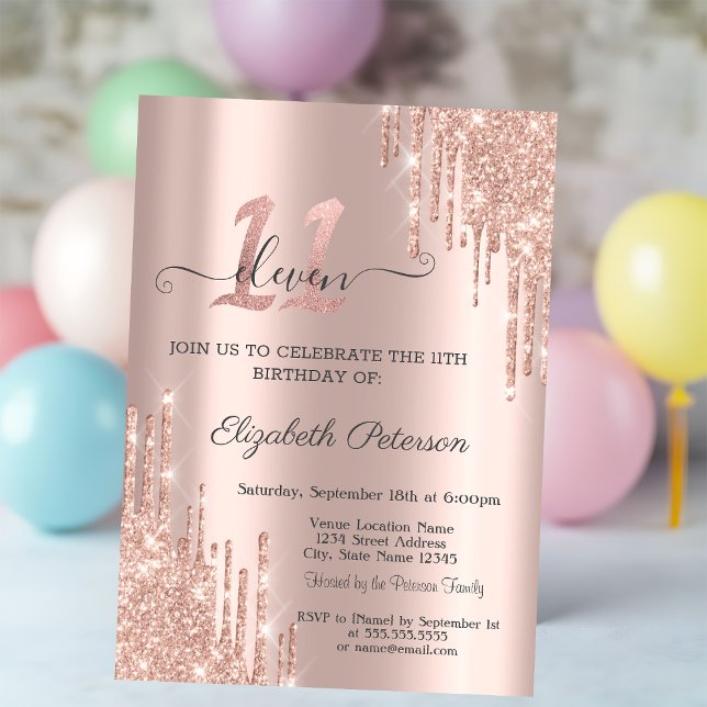 Invitación Rosa Purpurina Oro Drips Rosa Oro 11 cumpleaños (Subido por el creador)