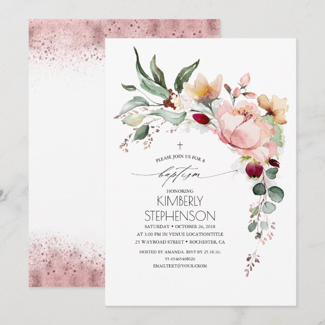 Invitación Rosa Purpurina Oro Elegante Bautismo Floral (Anverso / Reverso)