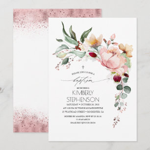 Invitación Rosa Purpurina Oro Elegante Bautismo Floral
