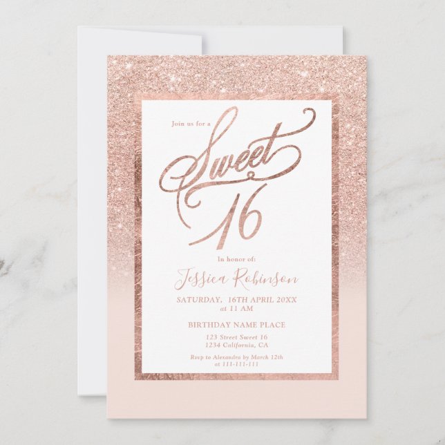 Invitación Rosa purpurina oro elegante guión de moda Sweet 16 (Anverso)