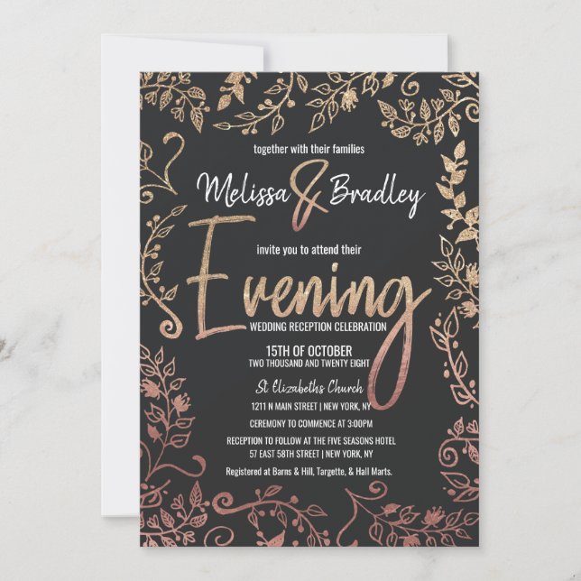 Invitación Rosa Purpurina Oro Floral Oro Noche Ombre (Anverso)