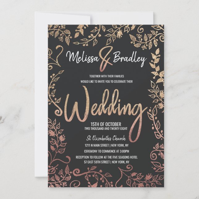 Invitación Rosa Purpurina Oro Floral Oro Ombre Boda (Anverso)