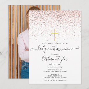 Invitación Rosa Purpurina Oro Foto Primera Comunión Sagrada