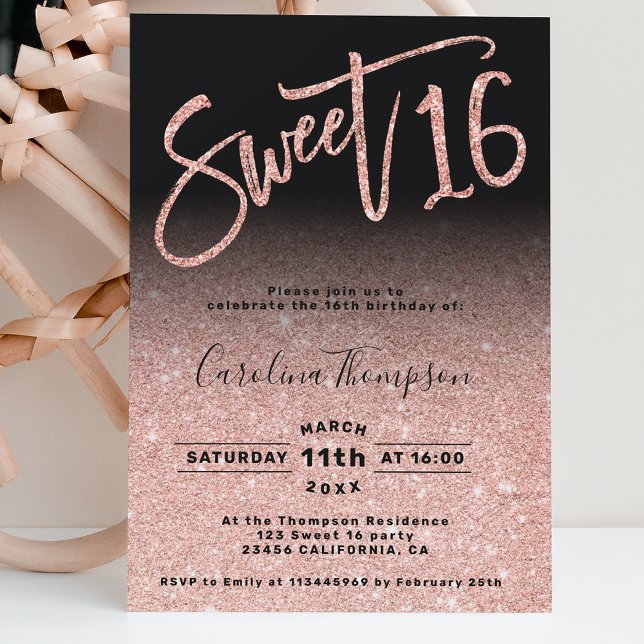 Invitación Rosa purpurina oro guión moda negro Sweet 16 foto (Subido por el creador)