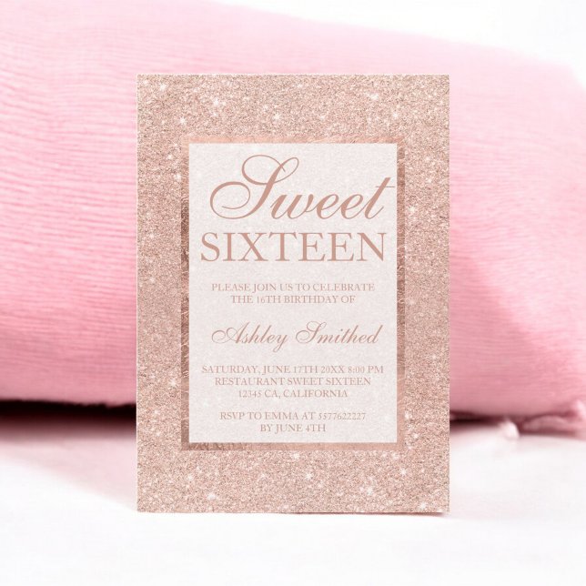 Invitación Rosa purpurina oro moderno moda elegante Sweet 16 (Rose gold glitter modern elegant chic Sweet 16 Invitation)