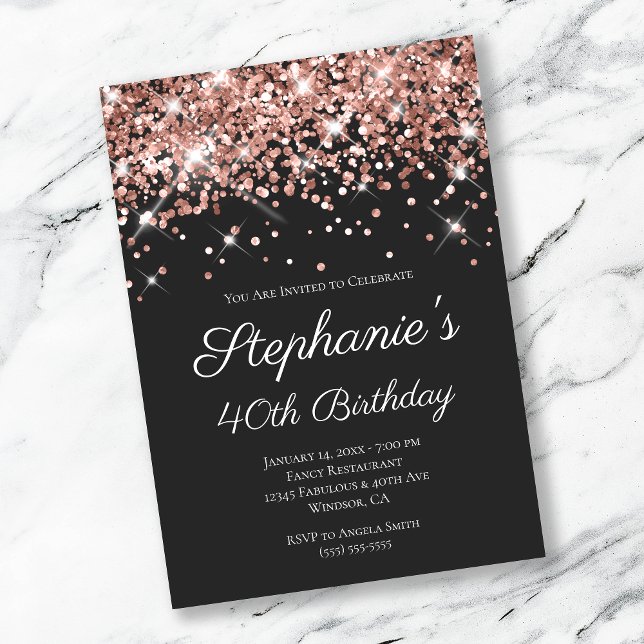 Invitación Rosa Purpurina Oro Negro Elegante 40 cumpleaños (Subido por el creador)
