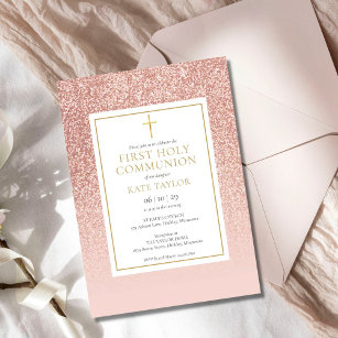 Invitación Rosa Purpurina Oro Primera Santa Comunión