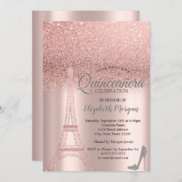 Invitación Rosa Purpurina Oro Torre Eiffel, Heels Quinceañera