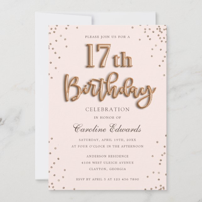 Invitación Rosa purpurina Relieve metalizado Globos 17 cumple (Anverso)
